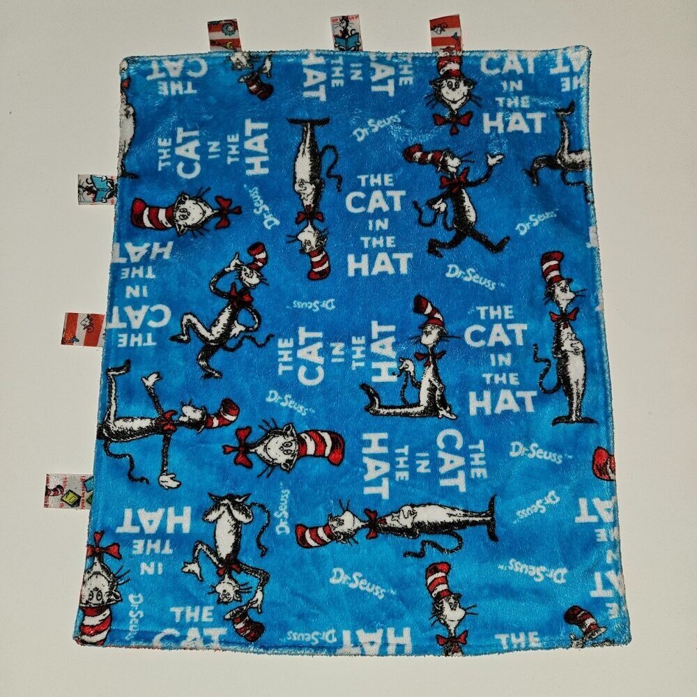 Dr. Seuss Cat In Hat Lovey Blue Red Fleece Satin Ribbons Tags Handmade?